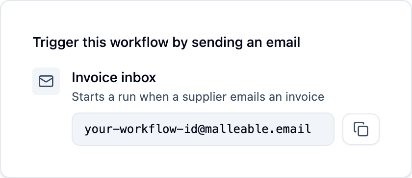 An email trigger: a run starts when a supplier emails an invoice to the operation's inbox