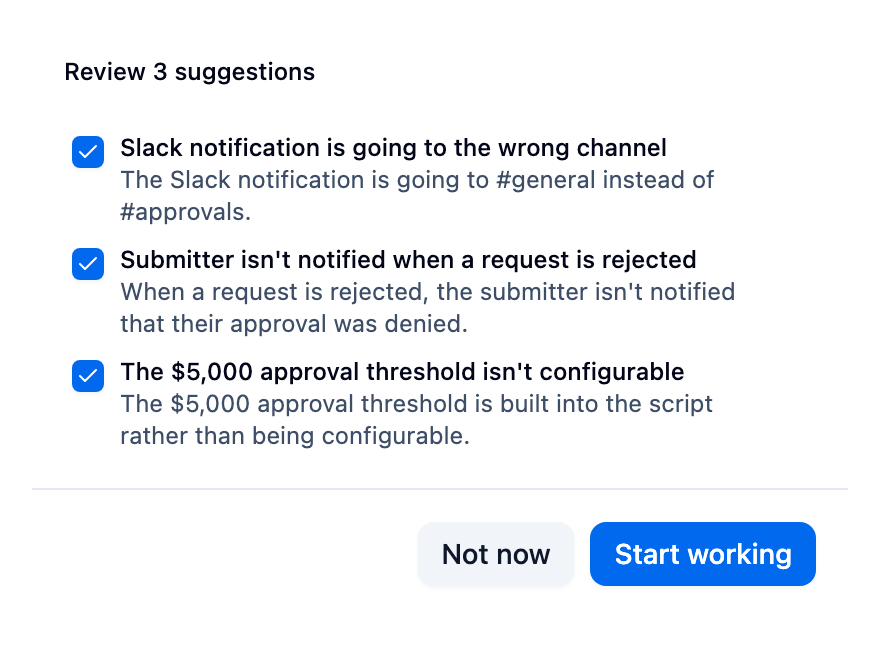 Three suggestions in plain language, each with a checkbox, and buttons to start working on them or wait
